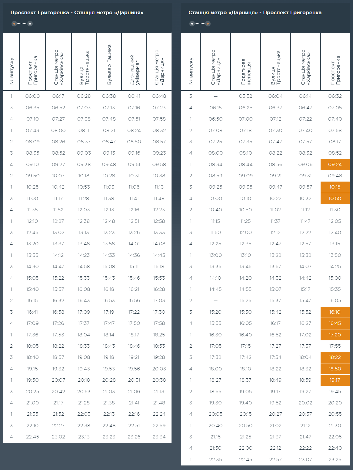 Графік та розклад маршруту 45 в робочі дні