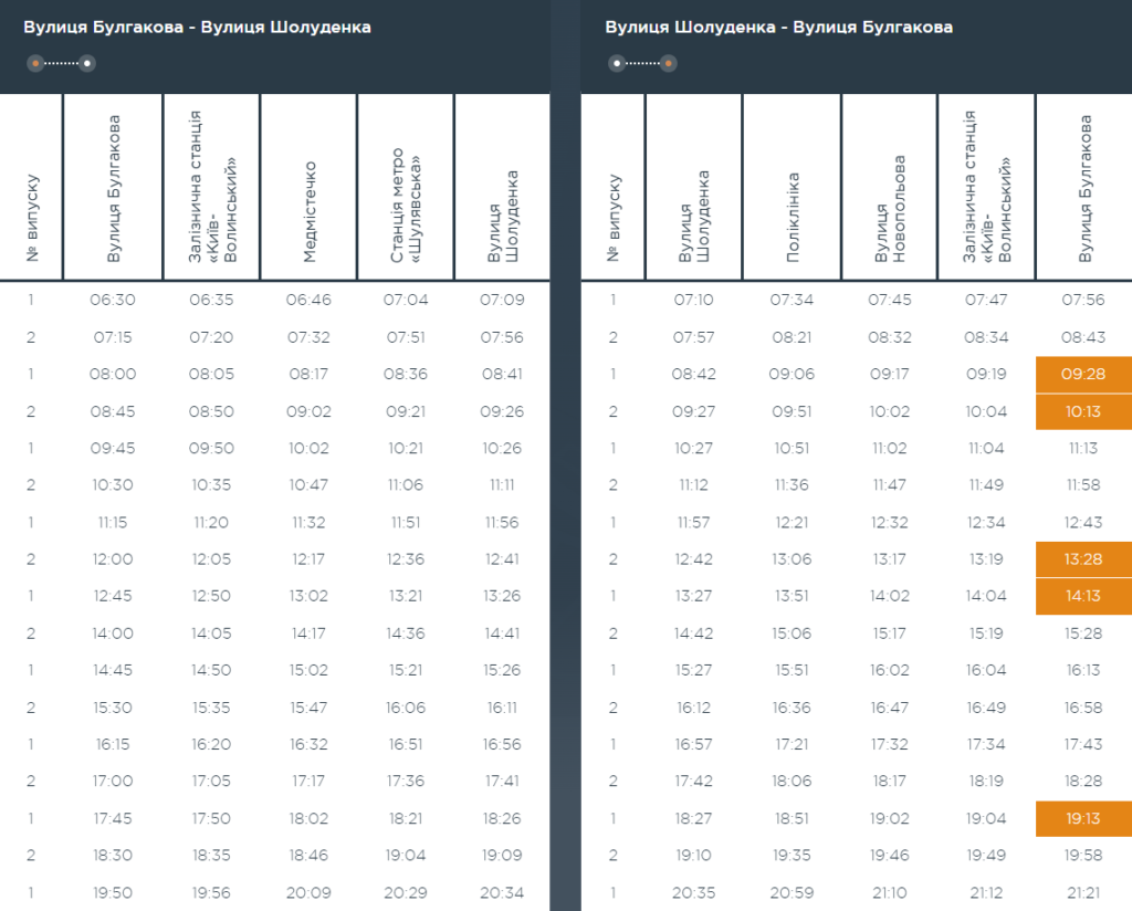Графік та розклад маршруту 2 в вихідні дні