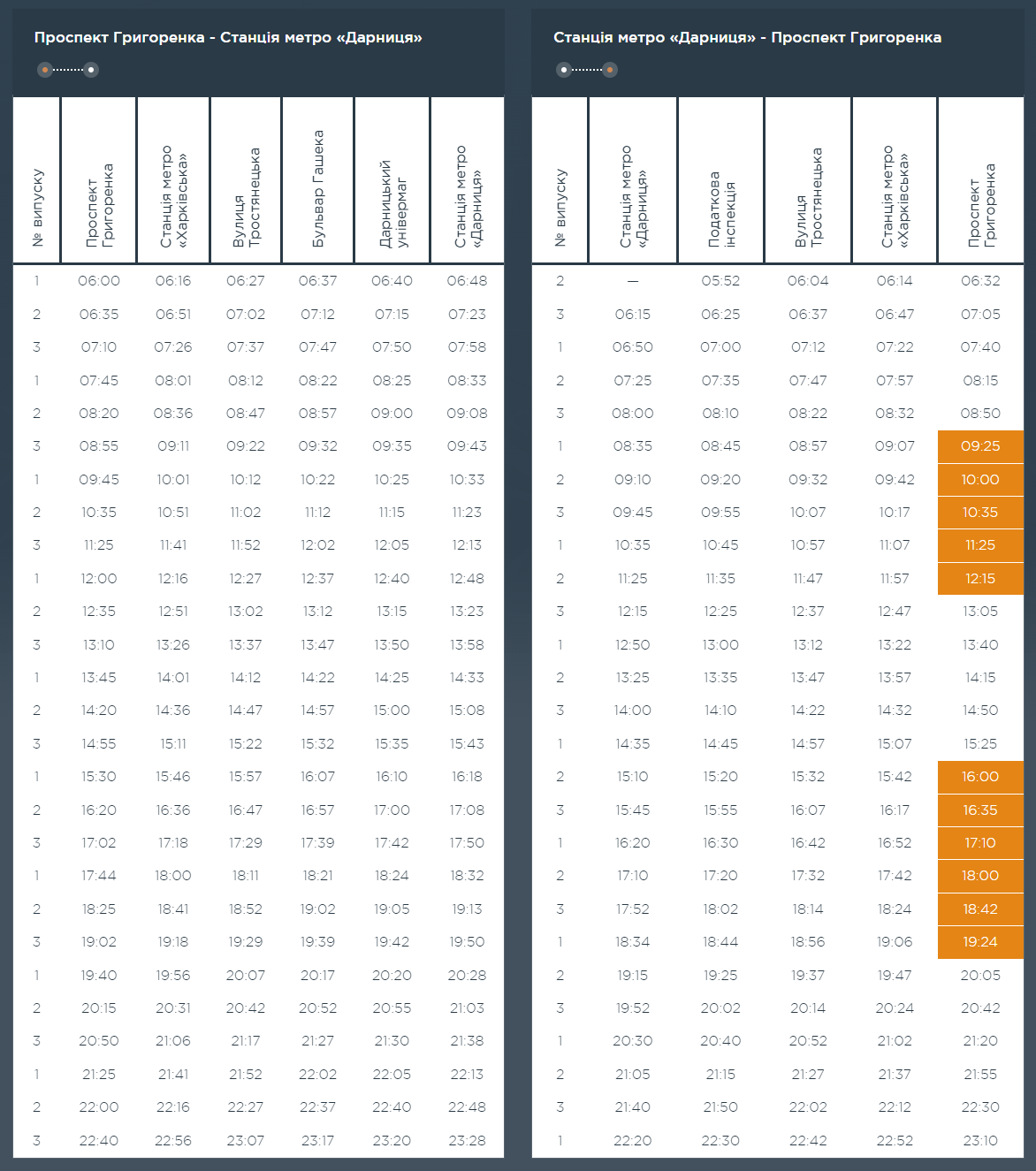 Графік та розклад маршруту 45 в вихідні дні