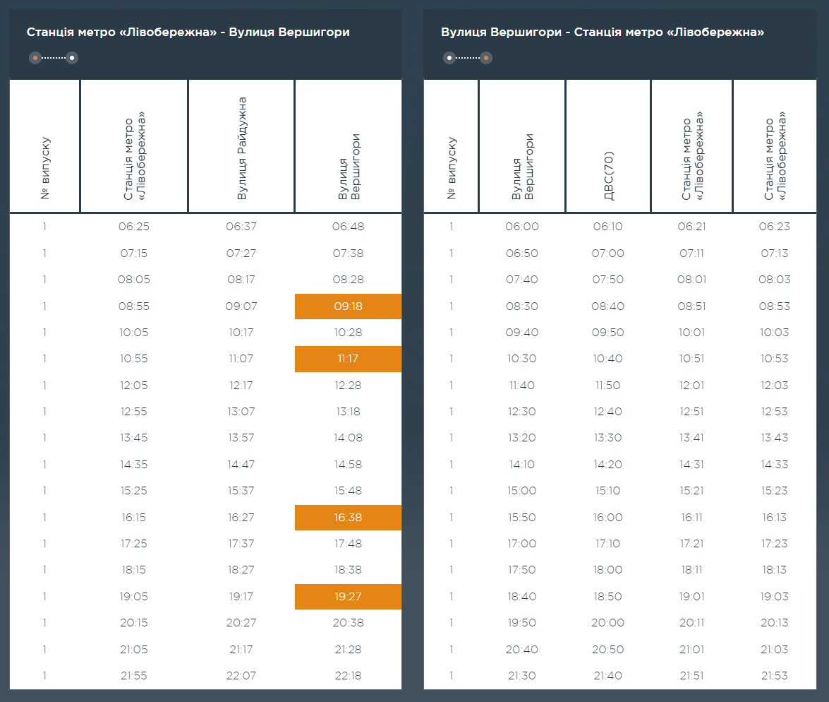 Графік та розклад маршруту 70 в вихідні дні
