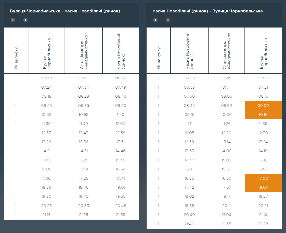 Графік та розклад маршруту 97к в вихідні дні