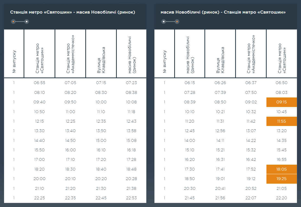 Графік та розклад маршруту 97 в вихідні дні